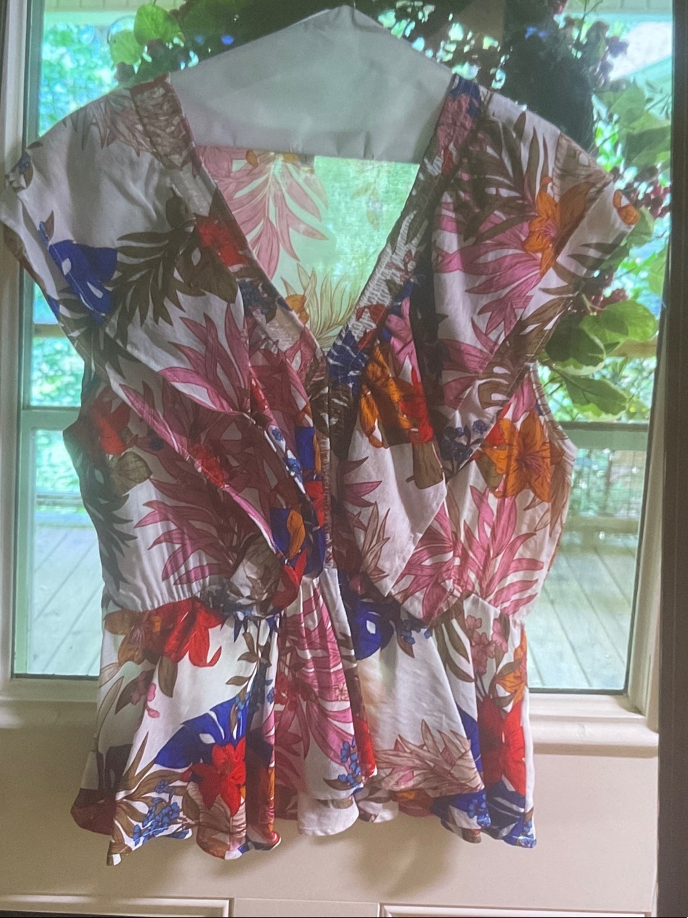 THML Tropical Floral Wrap Cap Sleeve Top in Multi Pink and Blue